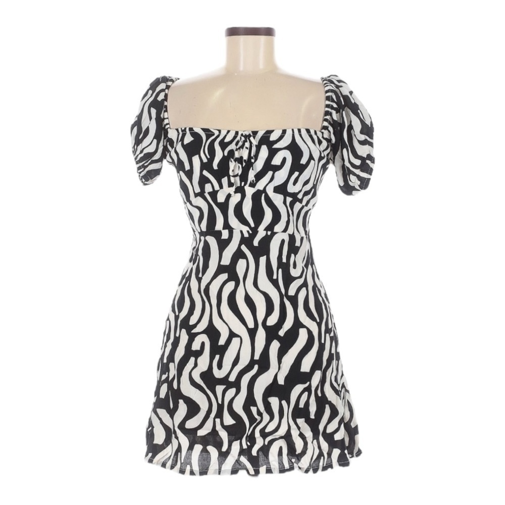 Faithfull The Brand Lovita Mini Dress Black White Zebra Print NWT 6 Puff Sleeve